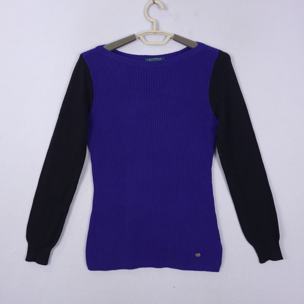 Lauren Ralph Lauren Pullover Sweater Women Sz M Blue Black Long Sleeve Boat Neck